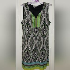 JM Collection Sz XL Green Black Stretchy Embellished Tropical Summer Dress Comfy
